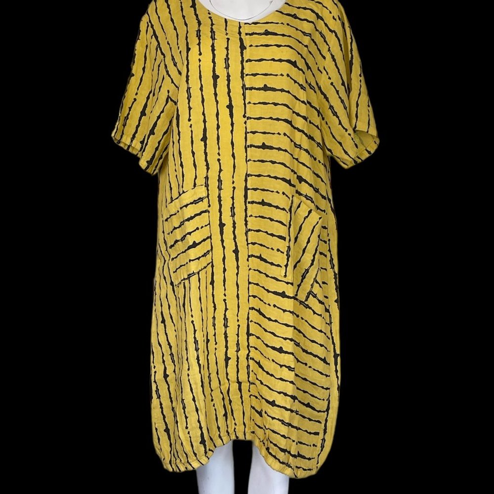 Flax Linen Women Tunic top pockets Yellow striped size 1 (SM) Made in Italy